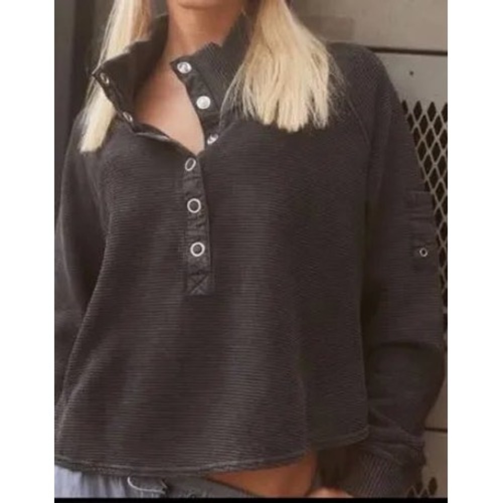 Free People Movement Black Waffle Knit Snap Neck Pullover Size Large
